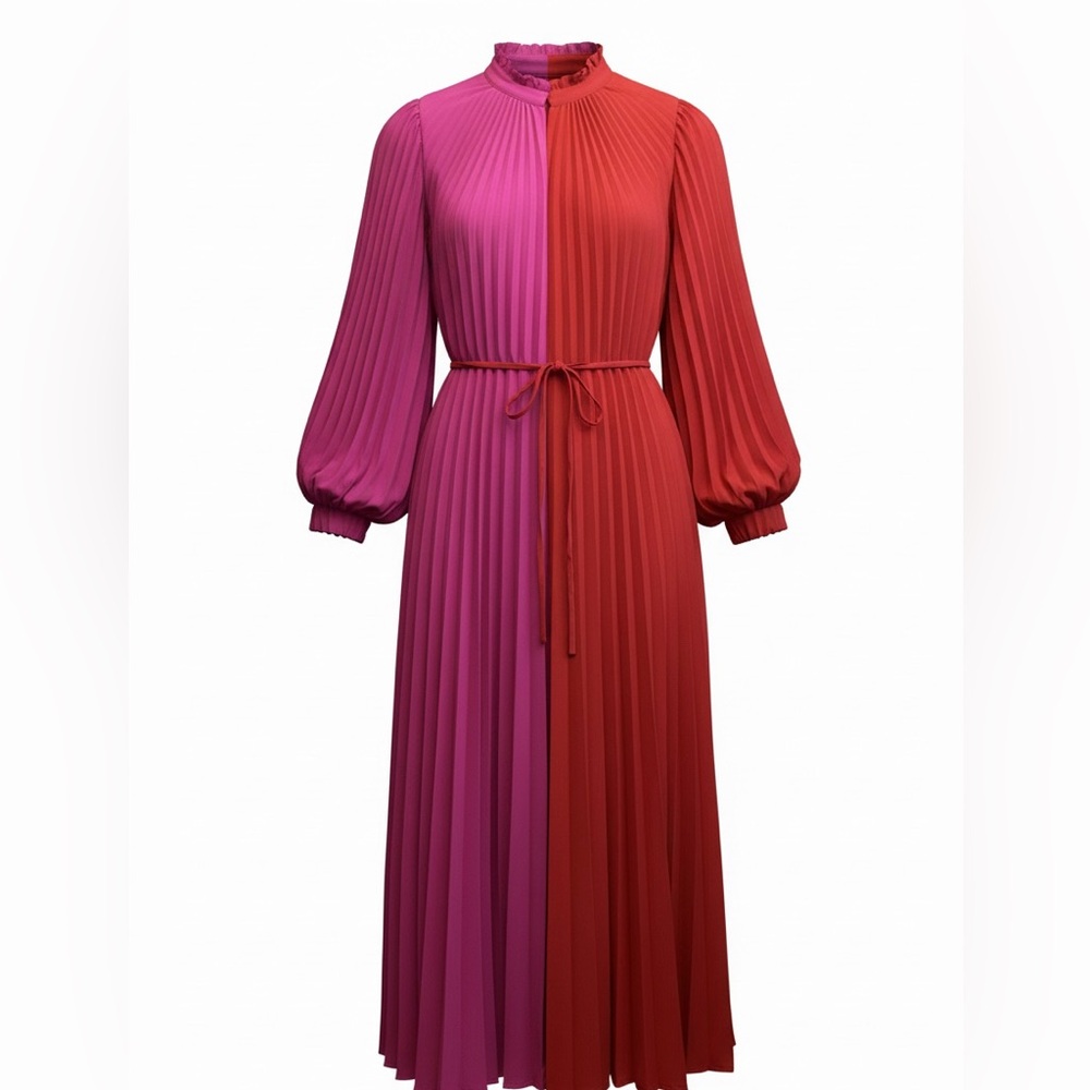 CROSBY by Mollie Burch Two-Tone Pink and Red Pleated Long Sleeve Midi Dress